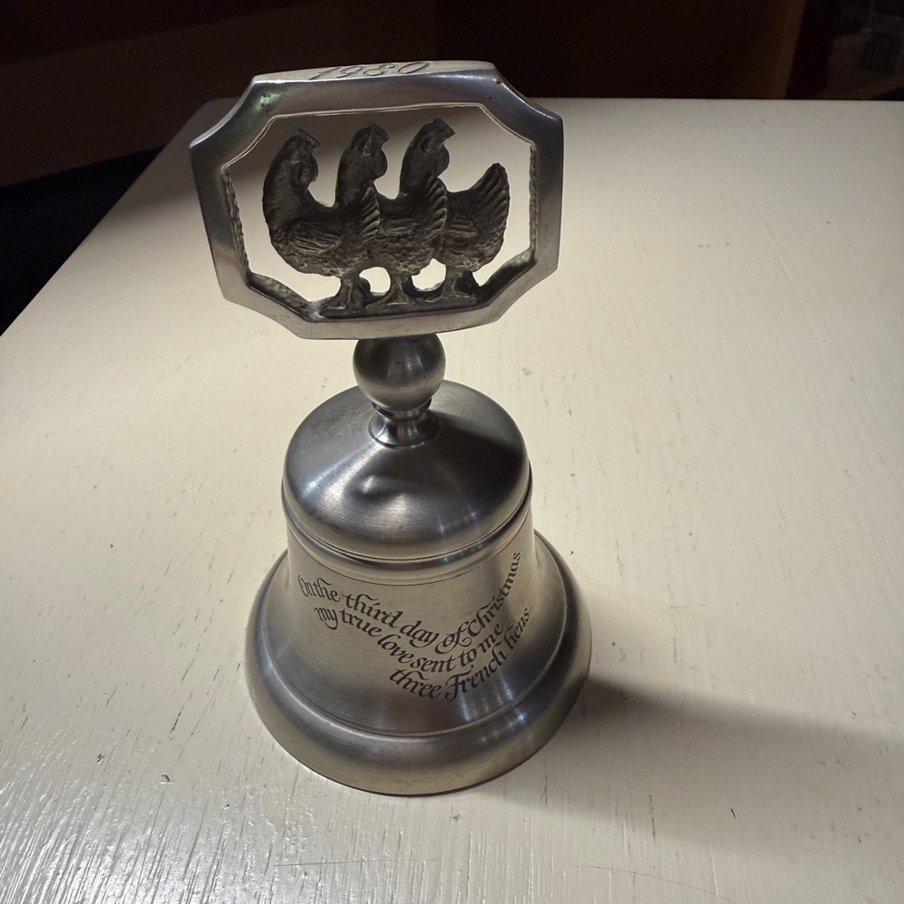 Vintage pewter holiday bell. 1980 Three French Hens.